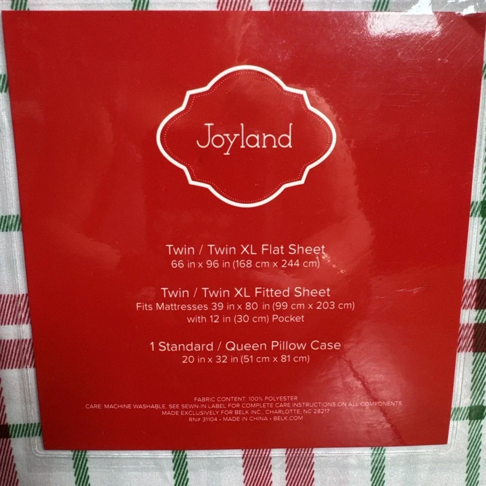JOYLAND‎ Twin/Twin XL  Sheet Set Christmas Plaid Red White Green Microfiber NEW